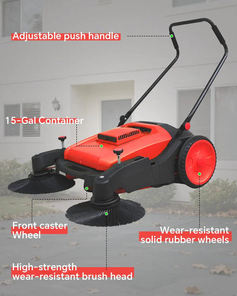 Heavy Duty 43 Inch Walk Behind Floor Sweeper Machine Great For Warehouses Driveways And Commercial Spaces Push Broom Cleaner with adjustable handle.