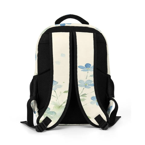 Pale Blue Wildflower Watercolor Print Backpack showing breathable back panel and cushioned straps