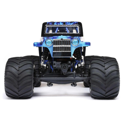 Front view of 1 By 18 Scale Mini LMT Son Uva Digger 2S 4X4 RTR Brushed Monster Truck Blue Ready To Run With Battery And Charger