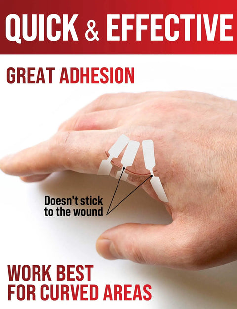 Butterfly Bandages Wound Closure Strips Kit 24 Pack Featuring Three Types applied on hand for small cuts, showing adhesion.
