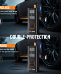 Portable Tire Inflator Air Compressor with digital gauge, cordless and corded use near a car tire