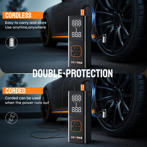 Portable Tire Inflator Air Compressor with digital gauge, cordless and corded use near a car tire