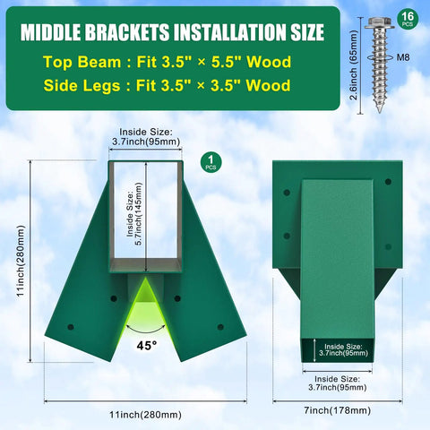 Heavy Duty A-Frame Swing Set Middle Bracket Kit With Four Swing Leveling Bases For 4x4 Posts And 4x6 Beam, DIY Swingset Hardware For Easy Install, Fits Standard Wood Beams And Posts