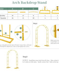 Heavy Duty Balloon Arch Stand assembly guide, showing parts and steps to build a 7.2Ft x 4.3Ft metal garden arch trellis outdoors