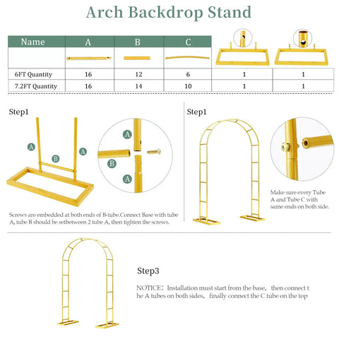 Heavy Duty Balloon Arch Stand assembly guide, showing parts and steps to build a 7.2Ft x 4.3Ft metal garden arch trellis outdoors