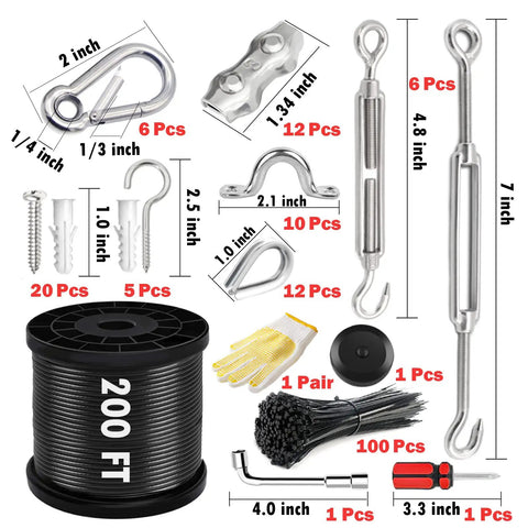 String Light Hanging Kit With 200 Feet Nylon Coated Stainless Steel Wire Rope For Outdoor Parties And Porches, accessories shown