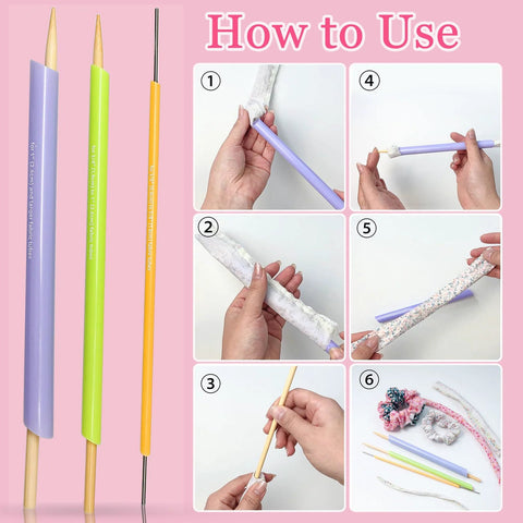 FQTANJU Quick Turn Fabric Set, 3pc tube turning tools for sewing with purple, lime green and orange handles