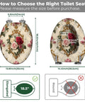 Elongated Resin Toilet Seat for Bathroom with floral design, dimensions shown for fitting, 18.5-inch elongated seat.