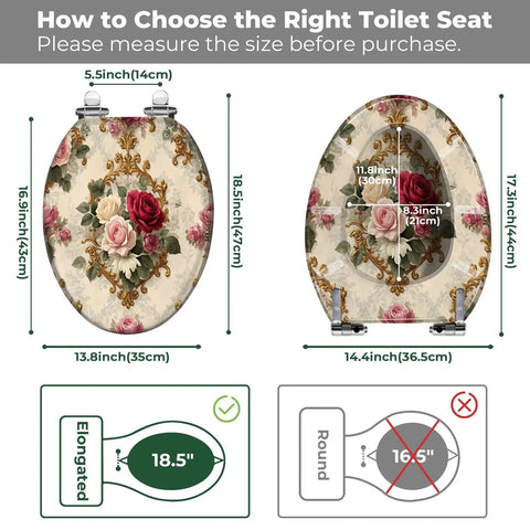 Elongated Resin Toilet Seat for Bathroom with floral design, dimensions shown for fitting, 18.5-inch elongated seat.