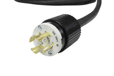 Hella Tough Heavy Duty 100 Foot 10 4 Soow Twist Lock Extension Power Cord With Nema L16 30 Plug close-up view.