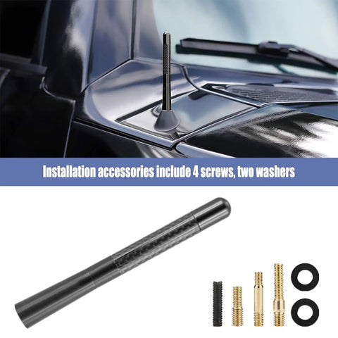 Short Carbon Fiber Car Antenna Mast 4.7 Inch Replacement With 6Mm Thread Adapter seen installed on car and accessories shown
