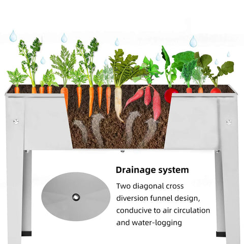 Raised Garden Bed With Legs, Galvanized Steel Planter Box For Herbs And Vegetables, 24 Inch, Gray, Rust-Resistant, Shown With Drainage System