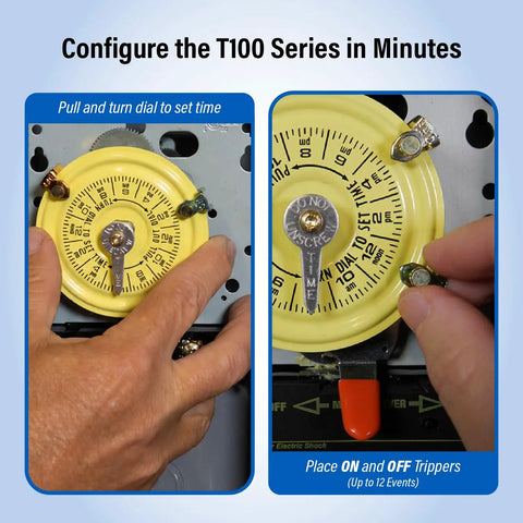 Top Shelf Mechanical Timer Switch DPST 208 To 277 Volt 24 Hour Manual Dial Type 3R weather sealed dial settings and trippers