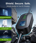 Carbon Fiber Level 2 EV Charger with 24A Adjustable Current against rocky background, showcasing smart display features.