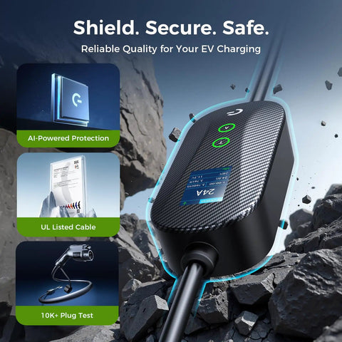 Carbon Fiber Level 2 EV Charger with 24A Adjustable Current against rocky background, showcasing smart display features.
