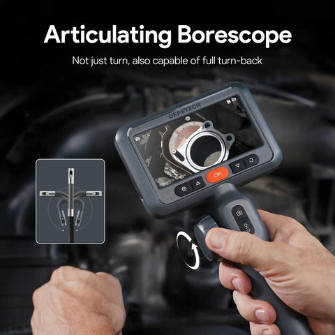 Dual Lens 210 Degree Articulating Endoscope With 4.5 Inch Screen displaying engine inspection