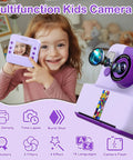 Kids Instant Print Camera for Creative Selfies and DIY Photos, Purple Gift for Girls and Boys Ages 3 to 12, Inkless Photo Printer Kit With 3 Print Rolls and 5 Colored Pens, Great for Scrapbooks, Crafts, and Colorful Memories, girl holding purple camera