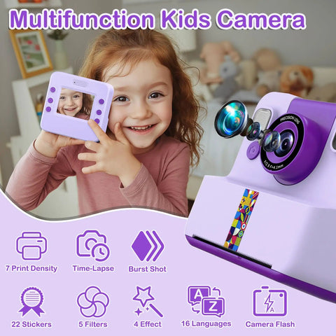Kids Instant Print Camera for Creative Selfies and DIY Photos, Purple Gift for Girls and Boys Ages 3 to 12, Inkless Photo Printer Kit With 3 Print Rolls and 5 Colored Pens, Great for Scrapbooks, Crafts, and Colorful Memories, girl holding purple camera