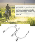 Stainless Steel Horse Spurs With Roller Ball For Training Durable Spurs For Men And Women Riders Smooth Rolling Ball Guides Your Horse Gently Comfortable Fit Long Lasting Equestrian Gear with rider and landscape background.