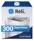 Top Tier 300 Count Clear Trash Bags 6 To 10 Gallon Bathroom Liners 23 By 27 Inches 8 Micron Thick Zero Sweat Daily Grind Essential Sweet Grab For Quick Cleanups boxed package with label.