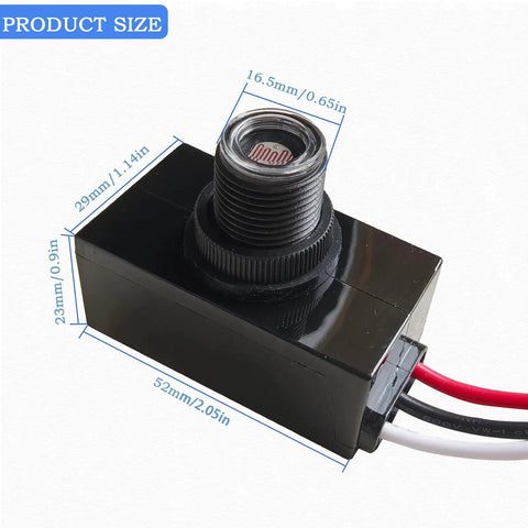 Three Pack Outdoor Photocell Sensor For Dusk To Dawn Lighting No Fuss 120 277V Photoelectric Switch Hardwired Post Light Sensor 500W Load Three To Eight Meter Sensing Distance 2W Power Draw Weatherproof Exterior, black plastic 52mm x 29mm x 23mm