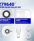 High Grade Dryer Repair Kit Featuring Smooth Idler Pulley Replacement And Tough Four Rib Drum Belt For 27 And 29 Inch Machines; includes idler pulley components.