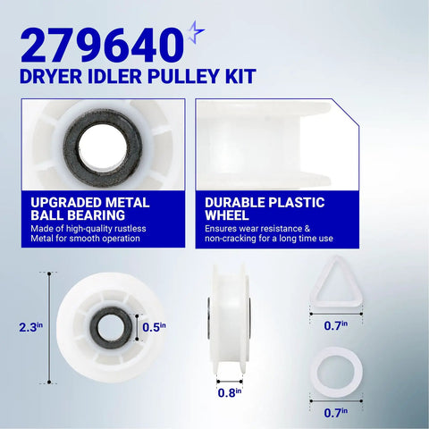 High Grade Dryer Repair Kit Featuring Smooth Idler Pulley Replacement And Tough Four Rib Drum Belt For 27 And 29 Inch Machines; includes idler pulley components.