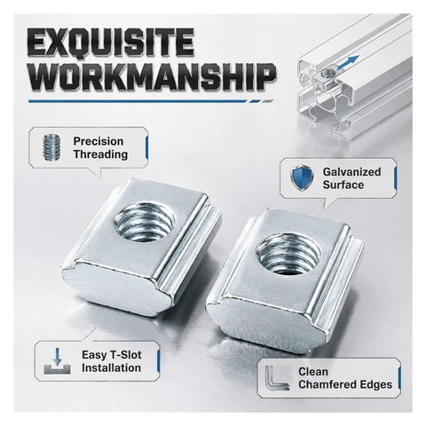 Heavy Duty Galvanized T Slide Nuts For Aluminum Extrusion Profiles Fits 20 Series Sliding Fastener With M3 M4 M5 Threads showing precision threading and galvanized finish.