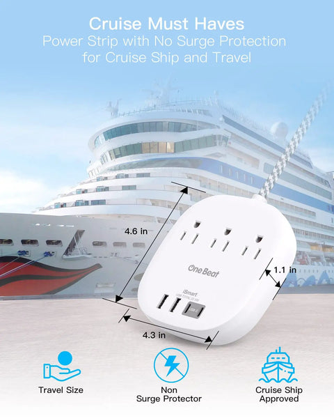 Ultra Flat 6 Foot Power Strip With 3 Outlets 4 USB Ports 2 USB C Desktop Charging Station for Cruise Ship and Travel