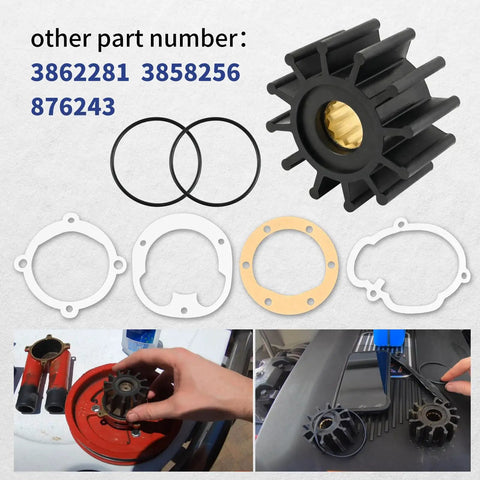 Water Pump Impeller 2-1/4 Inch For Volvo Penta Johnson And Sierra Marine Engines with gaskets and installation view