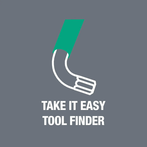 Illustration of hex key and text 'Take It Easy Tool Finder' for Pro Grade Nine Piece Imperial L Key Set With Color Coded Hex Keys.