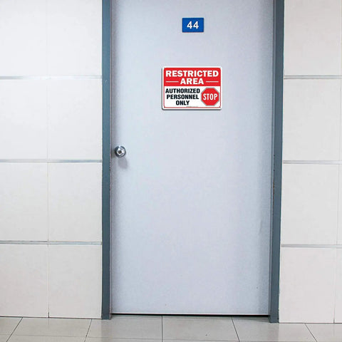 Six Pack Heavy Duty Restricted Area Signs Featuring Bold Authorized Personnel Only Warnings And Do Not Enter Markers on door.