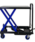 Heavy Duty Hydraulic Lift Trolley And Fold Down Rolling Table Cart For Auto Shops Features Quick Release Platform, blue and black design.