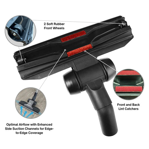 RD 285 Central Vacuum Floor Brush showing underside with rubber wheels and lint catchers, optimal for carpet and hardwood.