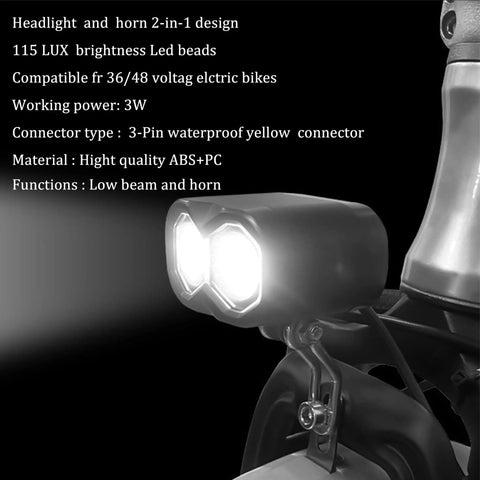 Two In One Front Light And Horn Waterproof 3 Pin Connector Headlight For 36V And 48V Ebikes And E Scooters Bright LED Night Ride Light With Loud 75 To 100 dB Horn For Mountain Biking