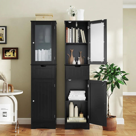 Zero Fuss Top Tier Heavy Duty Sixty Seven Inch Tall Bathroom Storage Cabinet Freestanding Linen Tower With Two Doors And One Drawer Five Tier Adjustable Shelves Slim Floor Organizer For Home Black