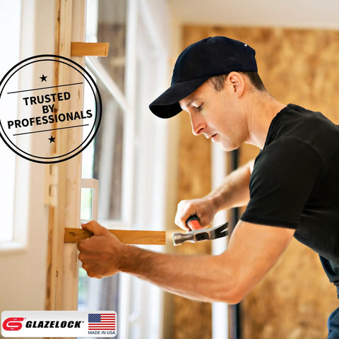 Prescored Bulk Wood Shims For Door Leveling And Window Spacing With 120 Pack Tapered Construction Wedges Eight Inch Long in use during installation.