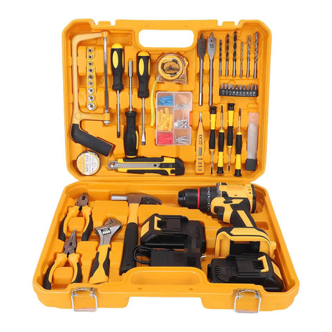Heavy Duty Workhorse 21V Cordless Impact Driver And Power Drill With 40 Nm Torque 550W Motor 3 In 1 Versatile Set for home repair tools in yellow case.