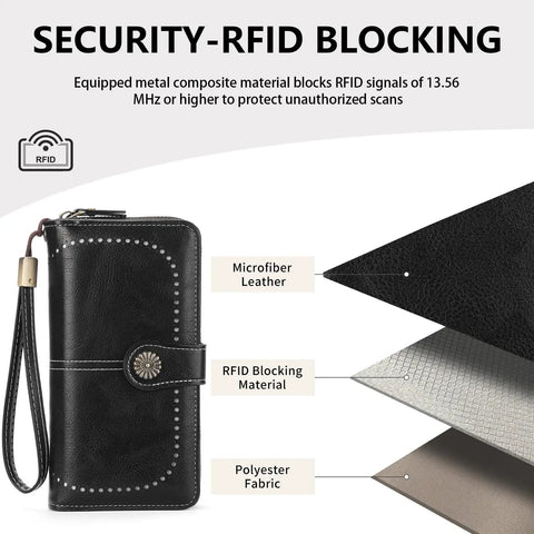 Lux Waxed Leather Wallet For Women With RFID Blocking Large Bifold Card Holder And Wristlet Clutch