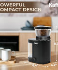 Level Up Your Coffee Game With This Heavy Duty Electric Flat Burr Grinder Crafted For Home Bars Featuring Fast Grind Adjustments And A Sleek Matte Black Housing on kitchen counter with coffee beans.