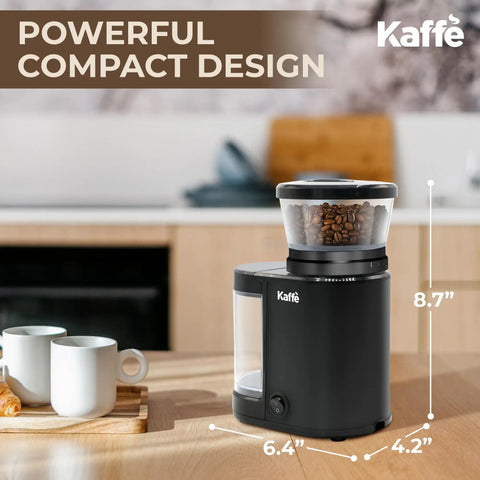 Level Up Your Coffee Game With This Heavy Duty Electric Flat Burr Grinder Crafted For Home Bars Featuring Fast Grind Adjustments And A Sleek Matte Black Housing on kitchen counter with coffee beans.