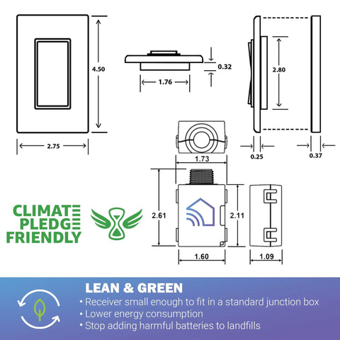 Diagram of Self Powered Wireless Light Switch And Receiver Kit No Wires No Batteries No WiFi Needed For Easy DIY Home Electrical Projects Remotely Control Lights With 1 Remote Switch And 5 Amp Relay White with dimensions.