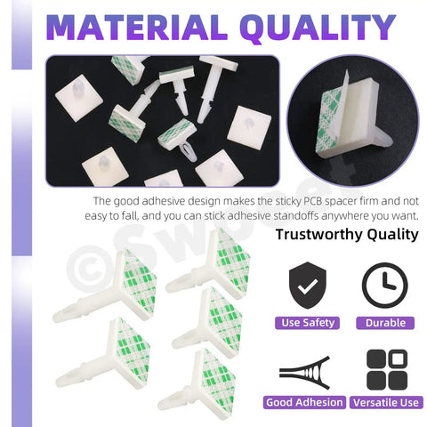 Hella Sturdy White Adhesive Insulated PCB Standoffs Assortment Kit 75 Pack Featuring 5 Sizes From 0.19 To 0.62 Inch, showing varied sizes and adhesive backing.