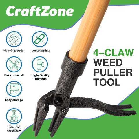 Stand Up Weed Puller Tool With Long Wooden Handle Foot Platform Design 4 Claw Steel Head And Removable 3 Section Pole Garden Tool, bamboo handle