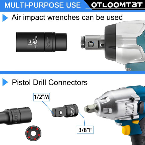 Heavy Duty 32 Piece One Half Inch Drive Impact Socket Set With Deep Sockets Metric And SAE With Extension Bar Cr V Steel Rust Resistant Coating Pro Grade Tough Build And Premium Storage Case showing air impact wrench usage.