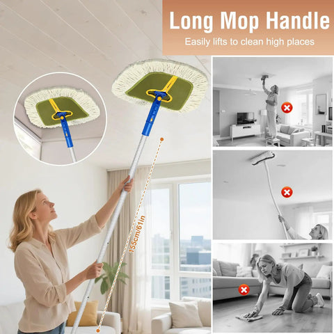 Wicked Large 15 Inch 100 Percent Cotton Wedge Dust Mop Head Replacement being used with long handle to clean high places.