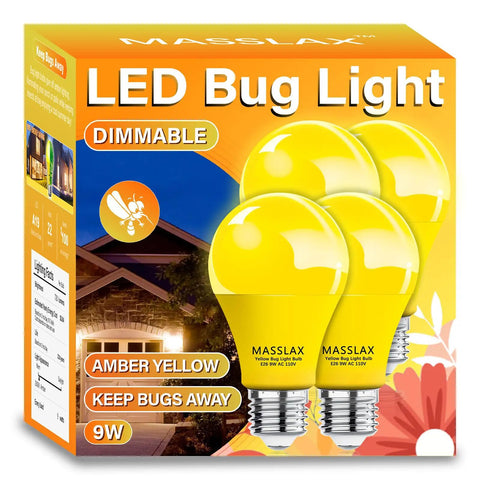 4 Pack Amber Yellow LED Bug Light Bulbs 9W Equivalent to 100W E26 Base for Outdoor Porch Lighting Keeps Bugs Away With Warm Sleep Friendly Glow