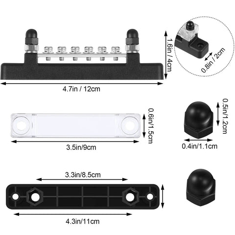 Heavy Duty Marine Ground Bus Bar With Clear Cover Dead Simple Hookups For Boat And RV 12V DC Power Distribution Block dimensions and components