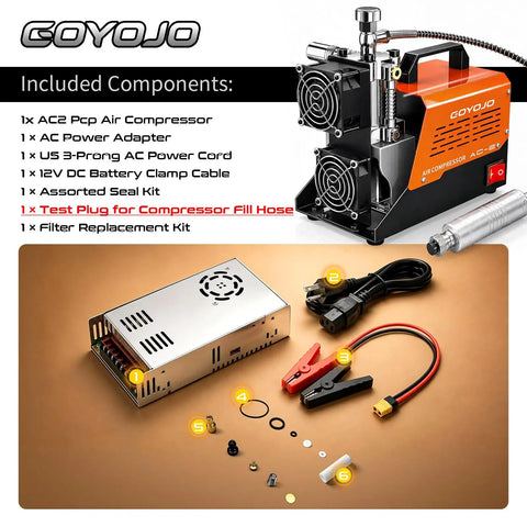 Goyojo Ac-2 Portable Pcp Air Compressor Pump Reaches 4500 Psi With Oil-Free Design And Dual Voltage Support. Enjoy Extended 45-Min Continuous Runtime For Refilling Hpa Paintball Tanks And Pcp Airguns Efficiently On The Go Or At Home Without Hassle.