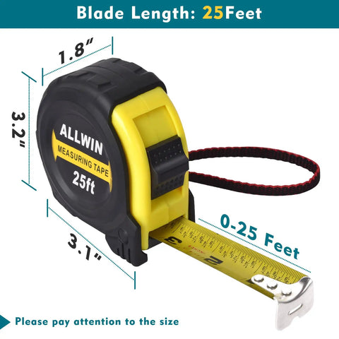 25 Foot Metal Tape Measure With Retractable Blade, 1 Inch Wide, Easy Read Fractions, Durable Wear Resistant Coating Built Tough For DIY Projects, Home Renovation, Carpentry, And Pro Handyman Use, shown extended